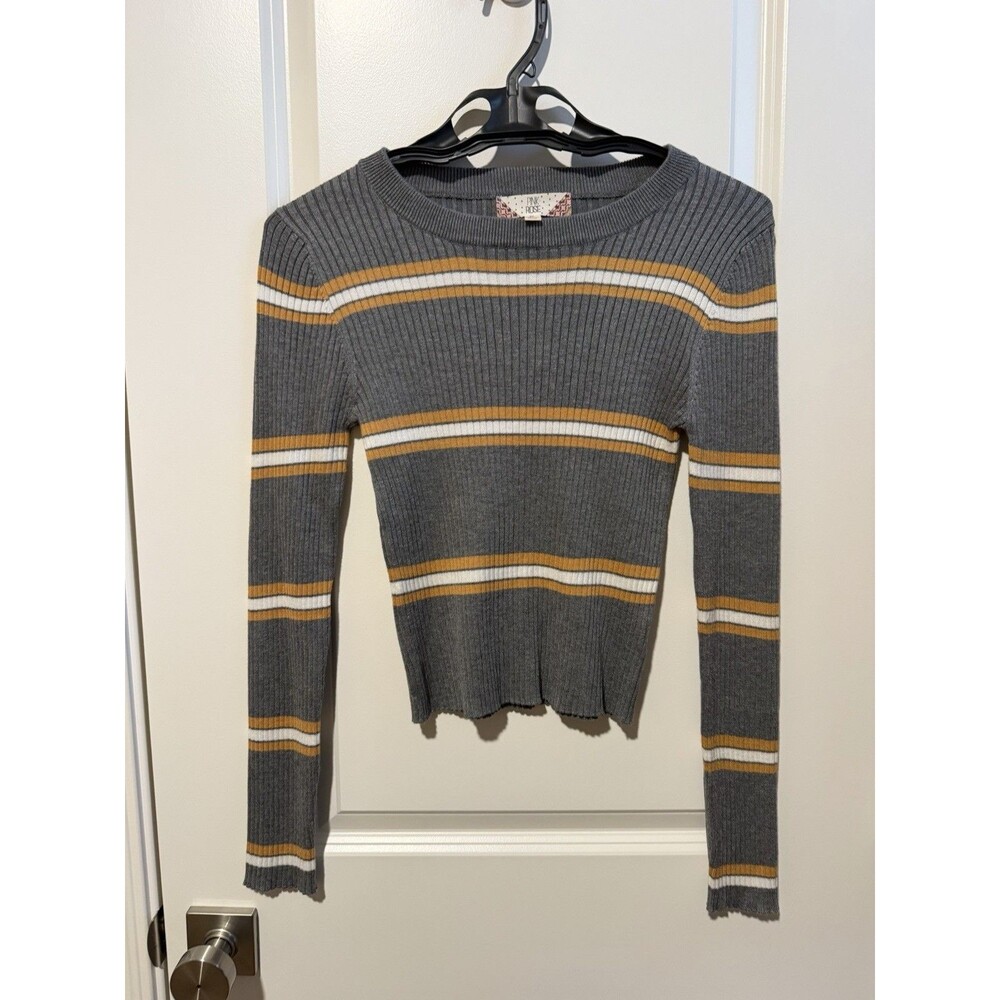 Pink Rose Juniors XL Cropped Sweater Gray Mustard Stripe Ribbed Long Sleeve